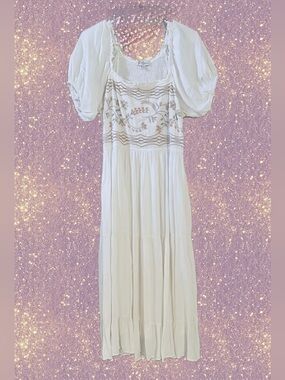 POLAGRAM boho Cream Puff-Sleeve Maxi Dress with Floral Embroidery